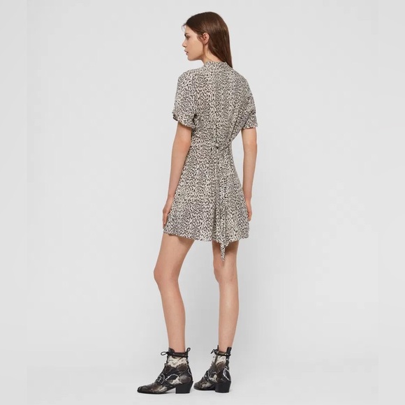 AllSaints Fay Lep Leopard Animal Print Button Mini Flutter Sleeve Dress Size XS - Picture 2 of 8